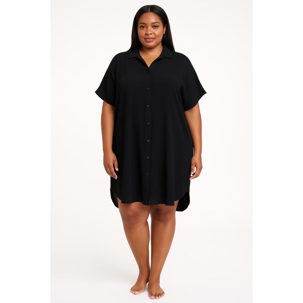 Raisins Swim Coverup Womens Size 1X Black Short Sleeve Collared Shirt Dress - Picture 1 of 12